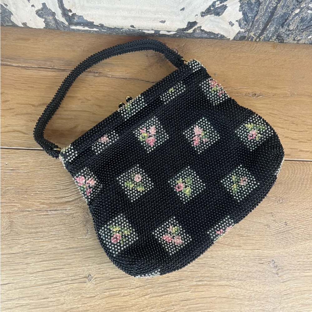 Vintage Lumured Black Petite Bead Corde Handbag Purse 1960s